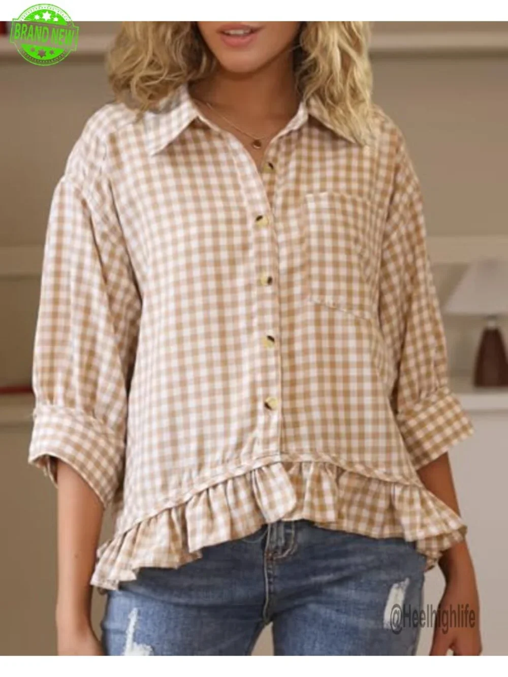 Ruffled Short Sleeve Button Down Blouse Summer Top - Picture 4 of 5